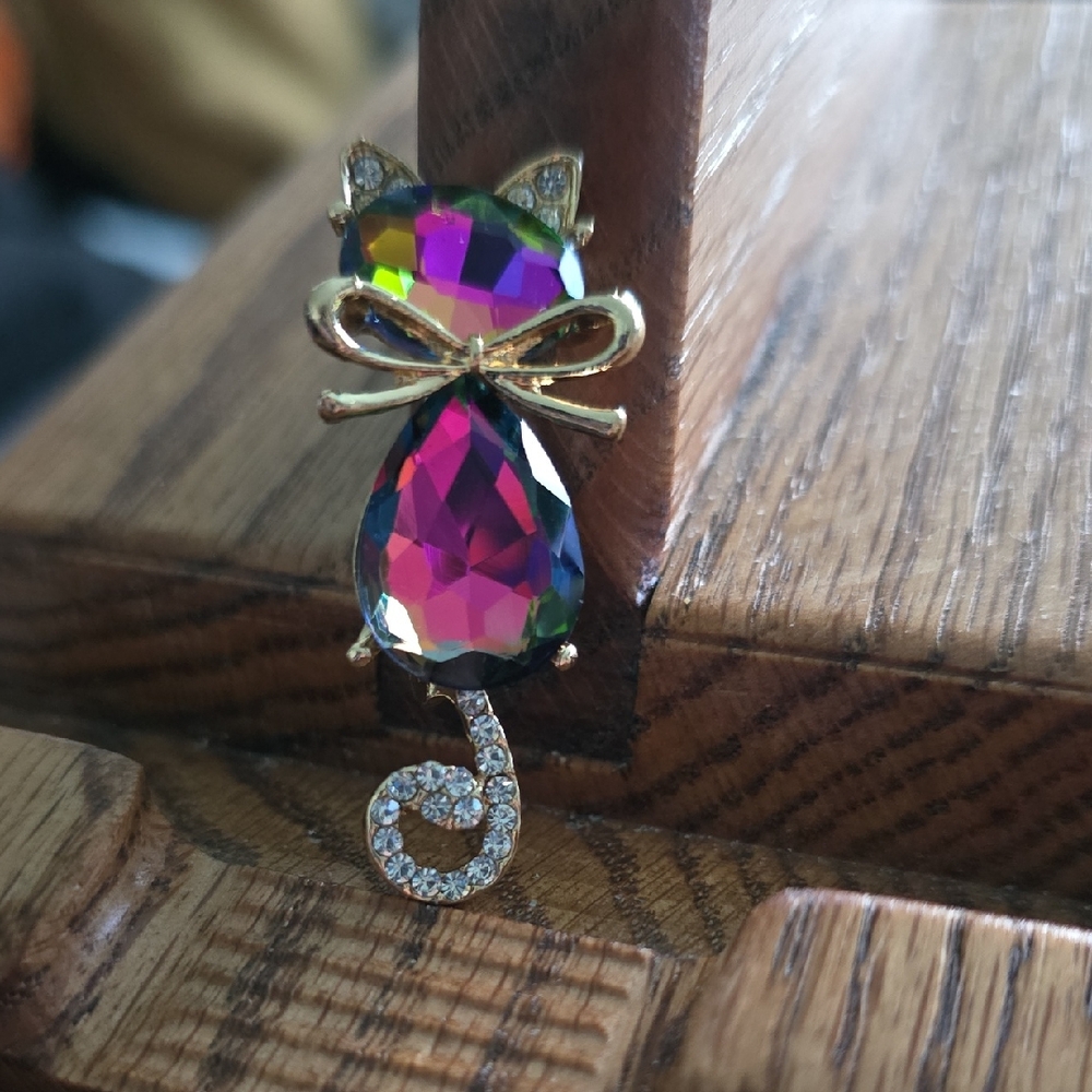 Iridescent Multicolor Cat Crystal Brooch
